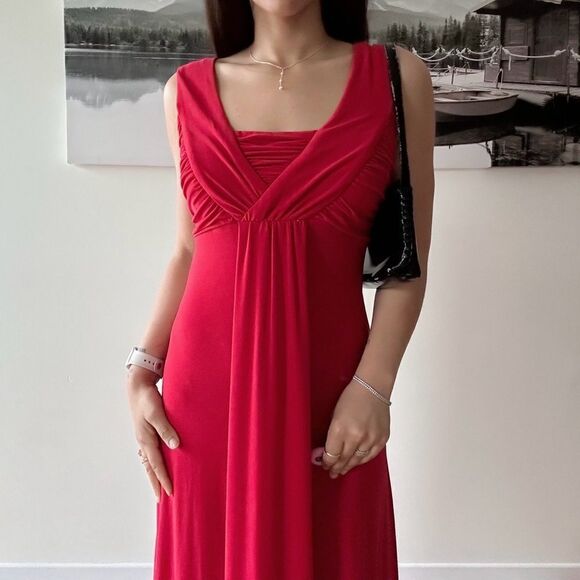 90s Vintage Deep Red ruched sexy sleeveless  Formal maxi dress - Picture 4 of 8